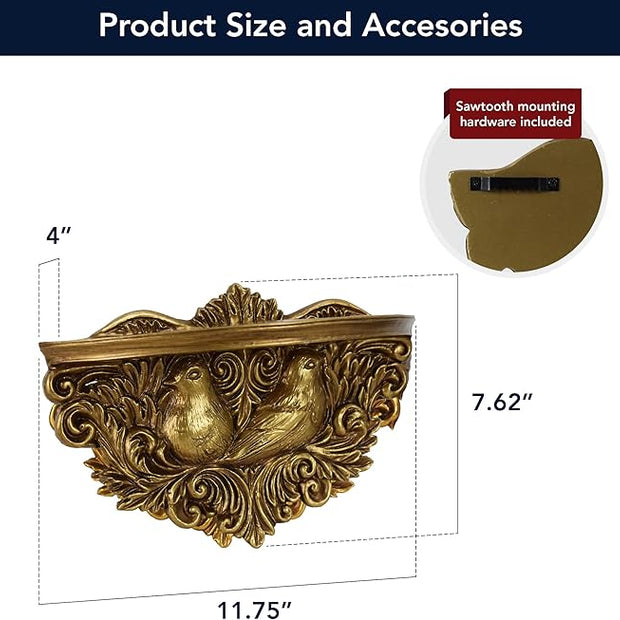 American Art Decor Vintage Ornate Resin Birds Scroll Manor Floating Wall Mounted Shelf in Antique Gold - Rococo Baroque Shabby Chic Ledge Display Shelf for Small Decor, Keys, Plants & Keepsakes