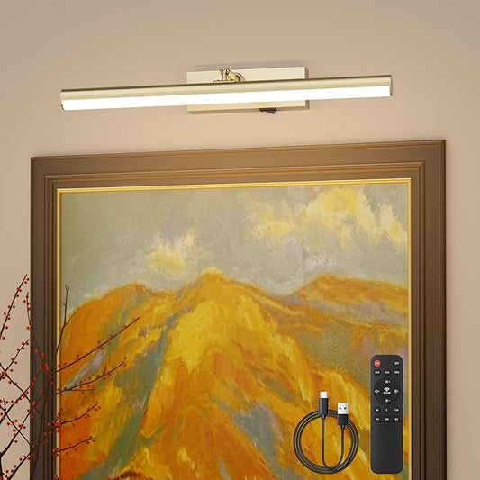 Tipace Dimmable Cordless Picture Light with Controller and Timer, Rechargeable 10000mAh Battery Wall Sconce for Wall Pictures, Gallery Artwork, Paintings, Portraits, Dartboards (Gold)