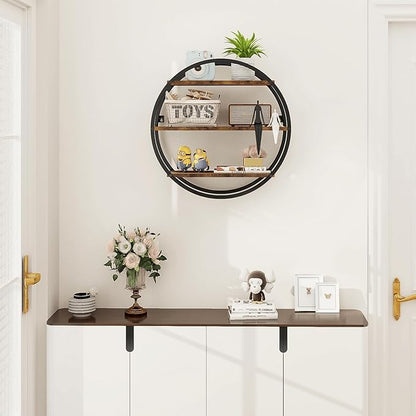 Floating Shelves, 3 Tier Decorative Geometric Circle Metal and Wood Wall Shelves, Bathroom Shelf Round Wall Decor, Rustic Brown