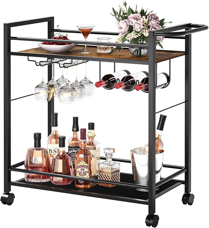 Bar Cart,Home Bar Serving Cart with Storage Shelves, 2 Tier Rolling Beverage Cart with Wheels, Modern Retro Brown Wine Cart with Wine Rack and Glass Holder for Kitchen, Dinning Room,Living Room