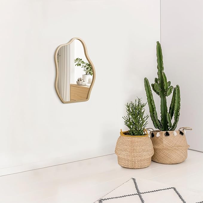 Small Wall Mirror Asymmetrical Irregular Wood Frame Mirrors Modern Unique Wall-Mounted Artistic Cloud Shape Mirror Decor for Bathroom Vanity Bedroom Living Room Entryway Hallway