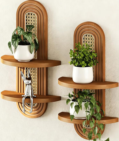 Floating Shelves for Wall, Boho Home Wall Decor,2-Tier Rattan Plant Shelf, Mid Century Hanging Small Decorative Shelf,Natural Wood Shelves for Living Room,Bedroom,House,Office,2-Pack (Walnut)