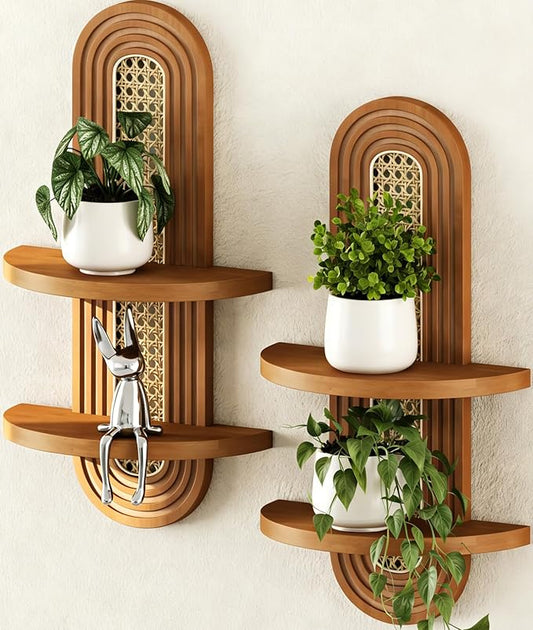 Floating Shelves for Wall, Boho Home Wall Decor,2-Tier Rattan Plant Shelf, Mid Century Hanging Small Decorative Shelf,Natural Wood Shelves for Living Room,Bedroom,House,Office,2-Pack (Walnut)