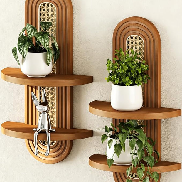 Floating Shelves for Wall, Boho Home Wall Decor,2-Tier Rattan Plant Shelf, Mid Century Hanging Small Decorative Shelf,Natural Wood Shelves for Living Room,Bedroom,House,Office,2-Pack (Walnut)
