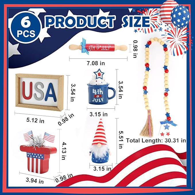 4th of July Decorations, Memorial Day Decorations, Independence Day Patriotic Tiered Tray Decor Set, 6 Pieces Fourth of July Centerpieces for Home Office Table Shelf, Red White and Blue Decorations