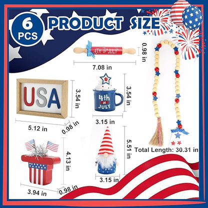 4th of July Decorations, Memorial Day Decorations, Independence Day Patriotic Tiered Tray Decor Set, 6 Pieces Fourth of July Centerpieces for Home Office Table Shelf, Red White and Blue Decorations