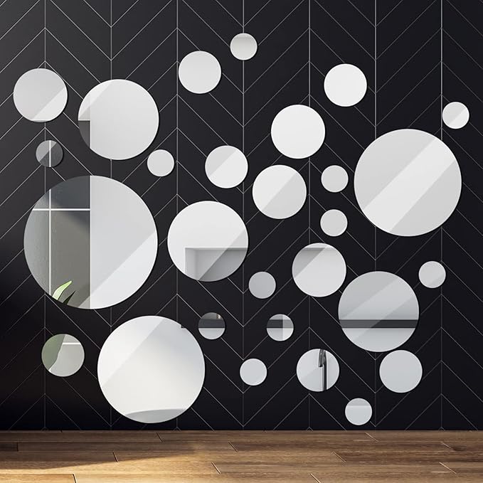 Jetec 28 Pcs Real Glass Round Mirror Tiles Frameless Wall Glass Tiles Round Wall-Mount Mirrors with Acrylic Double Sided Adhesive for Bedroom Bathroom Craft(2/3/4/6/8/10 Inch)