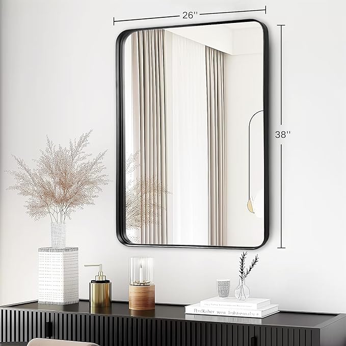 Black Mirror for Bathroom Wall - 26x38 Inch Bathroom Mirrors Over Sink with Rectangular Metal Frame, Black Vanity Rectangle Mirror for Restroom, Hallway, Home Office