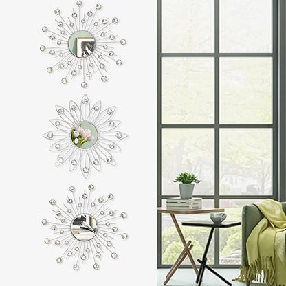 Uaussi 3 Pack Crystal Sunburst Wall Mirror Décor Rhinestone Mirrors Decorative Home Wall Art for Living Room Bedroom Entryway(Flower+Sunburst Silver)