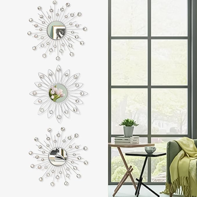 Uaussi 3 Pack Crystal Sunburst Wall Mirror Décor Rhinestone Mirrors Decorative Home Wall Art for Living Room Bedroom Entryway(Flower+Sunburst Silver)
