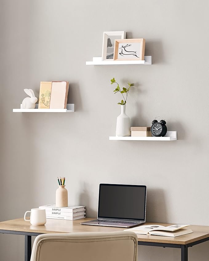 SONGMICS Floating Shelves, Set of 3 Wall Shelves, 15-Inch Wide, for Photo Frames and Trinkets, for Living Room, Home Office, Kitchen, Bathroom, White ULWS38WT