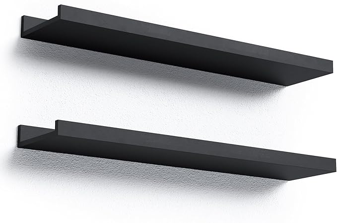 Long Floating Shelves, 2 Set Modern Black Wall Shelf for Bedroom, Nursery Book Shelf with Lip, Picture Ledge Shelf for Living Room Bathroom Kitchen - Black,23.6 In