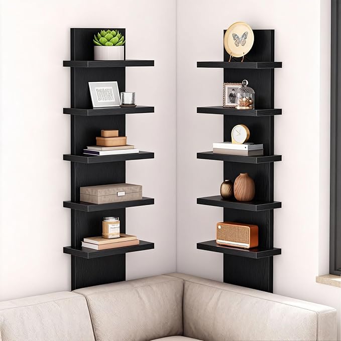 HOOBRO 5 Tier Wall Shelf Unit, 2 Pack Floating Shelves Wall Mounted, Wall Mount Vertical Shelving, Floating Storage Rack, Organizer Tall Tower Design for Livingroom, Bedroom, Kitchen, Black BB18BJP201