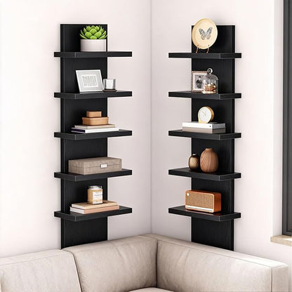 HOOBRO 5 Tier Wall Shelf Unit, 2 Pack Floating Shelves Wall Mounted, Wall Mount Vertical Shelving, Floating Storage Rack, Organizer Tall Tower Design for Livingroom, Bedroom, Kitchen, Black BB18BJP201
