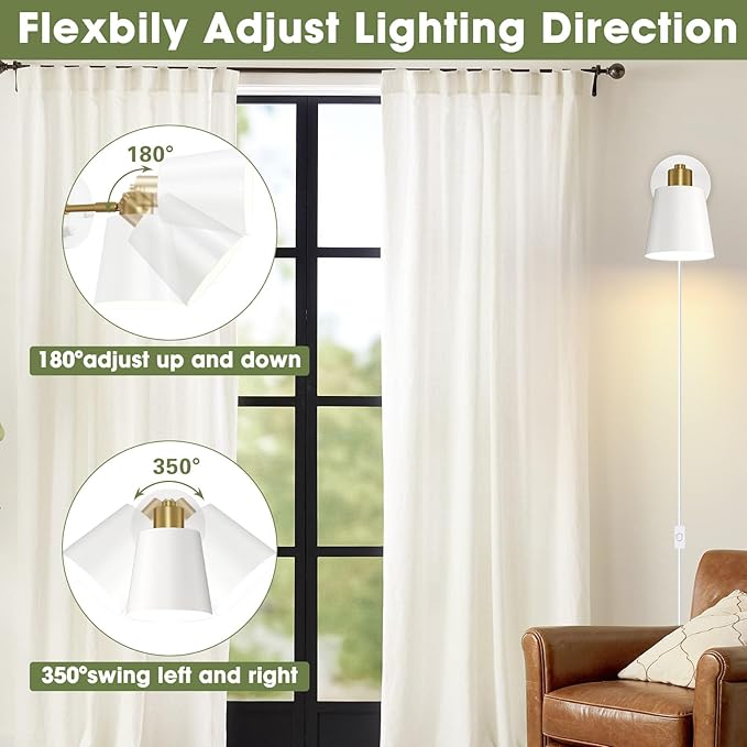 Dimmable Wall Sconces Set of 2, Adjustable Angle Wall Lights with Plug in Cord and Dimmer On/Off Knob Switch, Hardwired Indoor White Wall Lamp for Bedside Bedroom Bathroom (2 Bulbs Included)