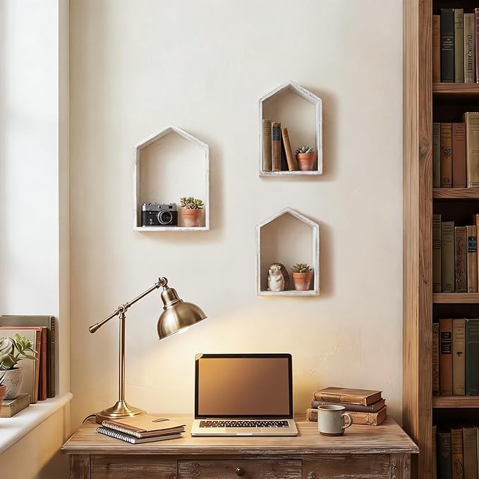 3 Set Wall Shelf 9.8 x 7.1 Inch Wooden Hanging Shelf Deep Display Storage Shelves Floating Shelves for Home Office Room Mini Figures Potted Plants Wall Decor (House,White)