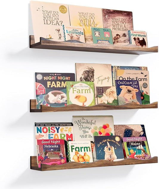 AZSKY Floating Bookshelf for Kids, Floating Shelves for Wall Cloud Picture Ledge Shelf Walnut 23.6 Inches Nursery Book Shelves Set 3, Baby Book Shelf for Toddler Room, Baby Room, Nursery Decor