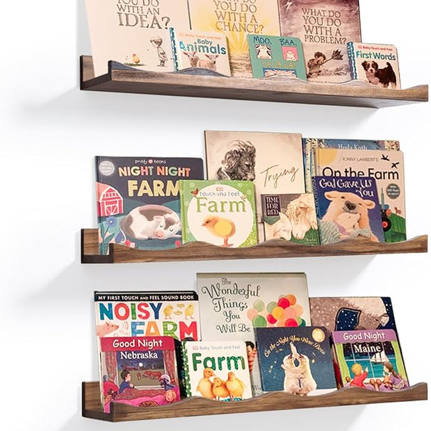 AZSKY Floating Bookshelf for Kids, Floating Shelves for Wall Cloud Picture Ledge Shelf Walnut 23.6 Inches Nursery Book Shelves Set 3, Baby Book Shelf for Toddler Room, Baby Room, Nursery Decor