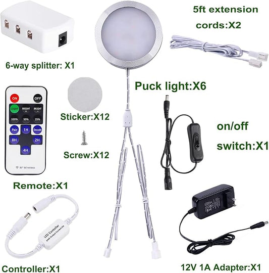 AIBOO Linkable Under Cabinet LED Lighting 12V Slim Aluminum Dimmable Puck Lights with RF Remote Control & UL Listed Transformer for Mood Lighting(6 Lights, Warm White)