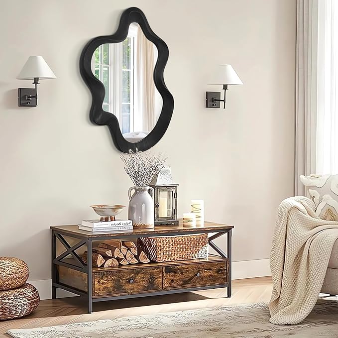 Asymmetrical Mirror for Wall Decor Large Modern Wavy Wooden Framed Wall Mirror Unique Shape Wall Mounted Vanity Artistic Wavy Mirror Decorative for Living Room Bedroom Bathroom Entryway Black