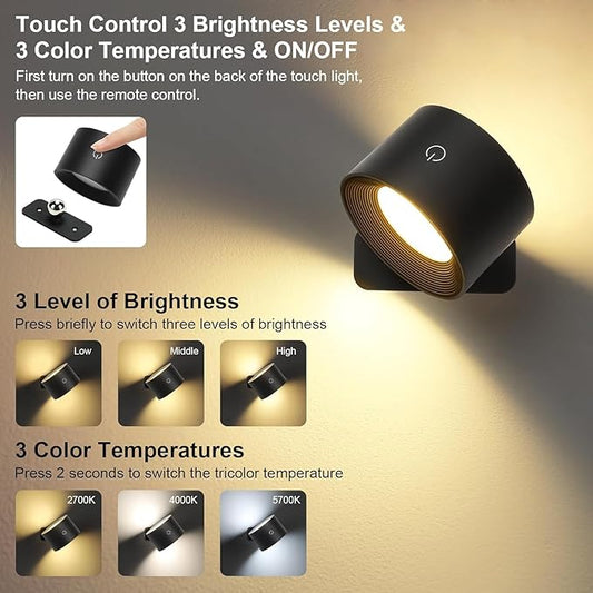 Lightess Battery Operated Wall Sconce Set of 2, 5000mAh Rechargeable Wall Sconce with Remote, 19 Colors Dimmable Wall Mounted Lamp, Wall Lights for Bedroom Living Room, Black