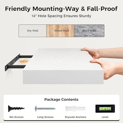 White Floating Shelves 36 Inch Long, 12 Inch Deep Floating Shelves for Wall, 36 x 12 Shelves for Wall Storage & Display, 2" Thick Floating Shelf for Bathroom, Living Room, Bedroom, Set of 2