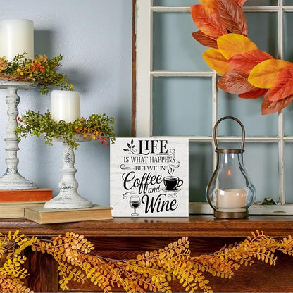 Rustic Coffee Wine Wood Box Sign, Life is What happens Between Coffee and Wine Wood Plaque, Woods Table Decorative Signs for Home Kitchen Wine Bar Tabletop Shelf, Christmas Birthday Gifts for Women