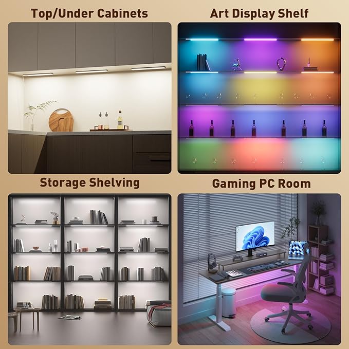 Under Cabinet LED Lighting Plug in, Aluminum RGB Color Changing Lights with Remote Control, 12in 3-Panel Wired Parallel, Ideal for Kitchen, Counter, Bookshelf – 15 Colors