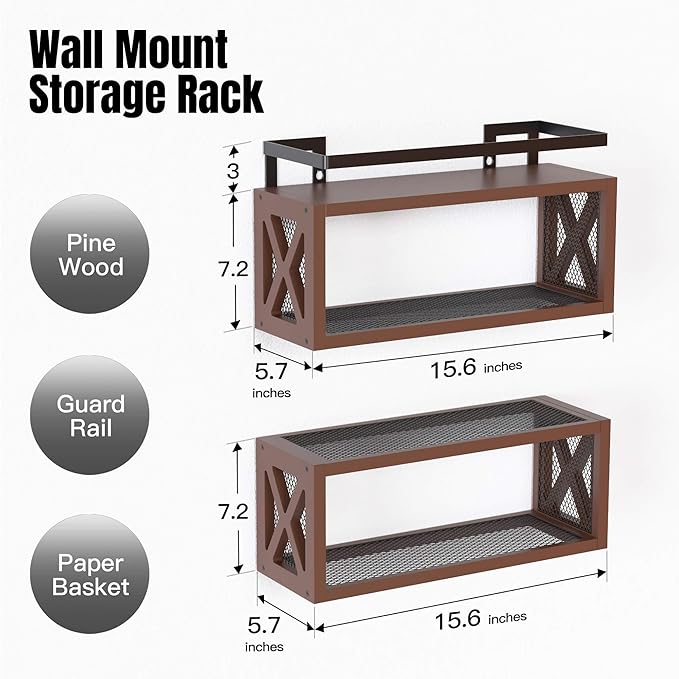 RICHER HOUSE Floating Wood Shelves with Guardrail, Rustic Brown, Wall Mounted, 2 Shelves, Farmhouse Style