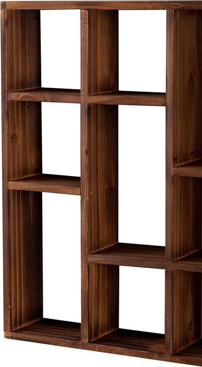 SOFE Small Brown Wood Shadow Box with Shelves, 3 Tier Wall Shelving Unit, 9-Compartment Wall Mounted Curio Cabinet, Knick Knack Display Shelf, Floating Cube Shelves for Walls, Shot Glass Display Case