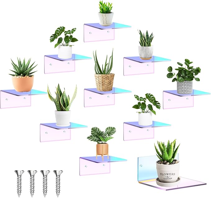 10 Pieces Small Floating Shelves for Wall 4'' Acrylic Mini Wall Shelf Acrylic Display Shelf Clear Hanging Shelves Room Decor for Bedroom, Bathroom, Living Room, Office