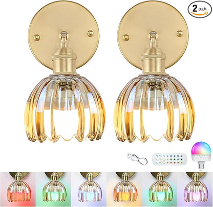 GEEZO Vintage Battery Operated Wall Sconce, with Rechargeable Battery Powered Wall Light with Remote Control for Bedside Bedroom