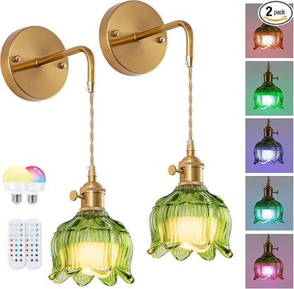 Vintage Battery Operated Wall Light with Remote, RGB Dimmable LED Wall Light Set of 2, Rechargeable Battery Powered Wall Lights with 15 Colors for Bedroom, Living Room, Home Decor