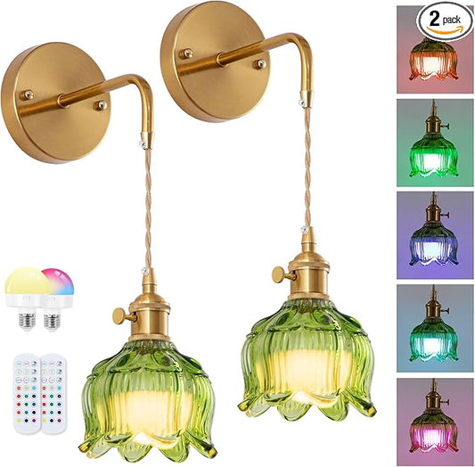Vintage Battery Operated Wall Light with Remote, RGB Dimmable LED Wall Light Set of 2, Rechargeable Battery Powered Wall Lights with 15 Colors for Bedroom, Living Room, Home Decor