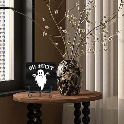 Halloween Bathroom Decor, Oh Sheet Wooden Sign for Home Restroom Desk Shelf, Spooky Ghost Table Centerpieces for Washroom Accessories - A10