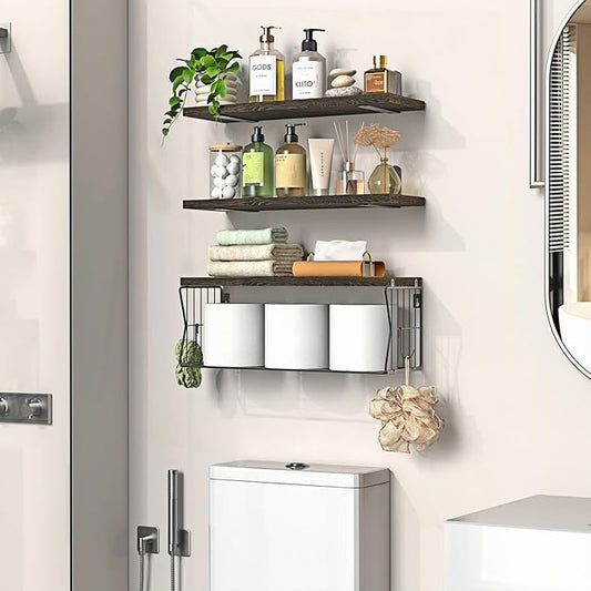 Floating Bathroom Shelves Wall Mounted - Wooden Shelf Set of 3 for Over Toilet Storage & Farmhouse Bathroom Decor - Perfect Shelving Organizer for Apartments RVs Powder Room Restroom - Rustic
