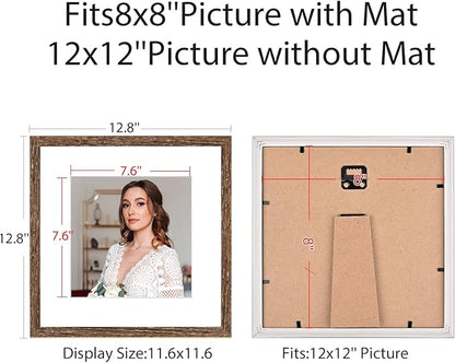 12x12 Picture Frame Set of 9, Display Pictures 8x8 with Mat or 12x12 without Mat, Multi Collage Gallery Square Photo Frames for Wall or Tabletop,Distressed Brown