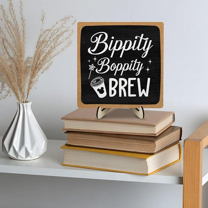 Coffee Bar Sign Plaque Decor,Bippity Boppity Brew Desk Decor for Kitchen,Coffee Bar Accessorie,Cute Wooden Tabletop Plaque, Rustic Farmhouse Shelf Sign for Home or Office Decoration 5.9x5.9Inch (Black)