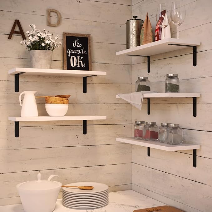 RICHER HOUSE Floating Wall Shelves, Rustic Wood Bathroom Shelves Set of 5, Farmhouse Style Shelf for Décor, Hanging Bedroom, Storage, Kitchen, Living Room - White