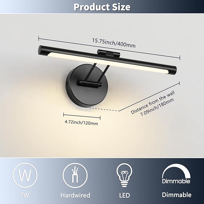 JUSHENG Dimmable Picture Lights Hardwired LED Painting Light Black Gallery Wall Light Art Lighting for Portrait Artwork Canvas 15.74 inch 7W 110V AC
