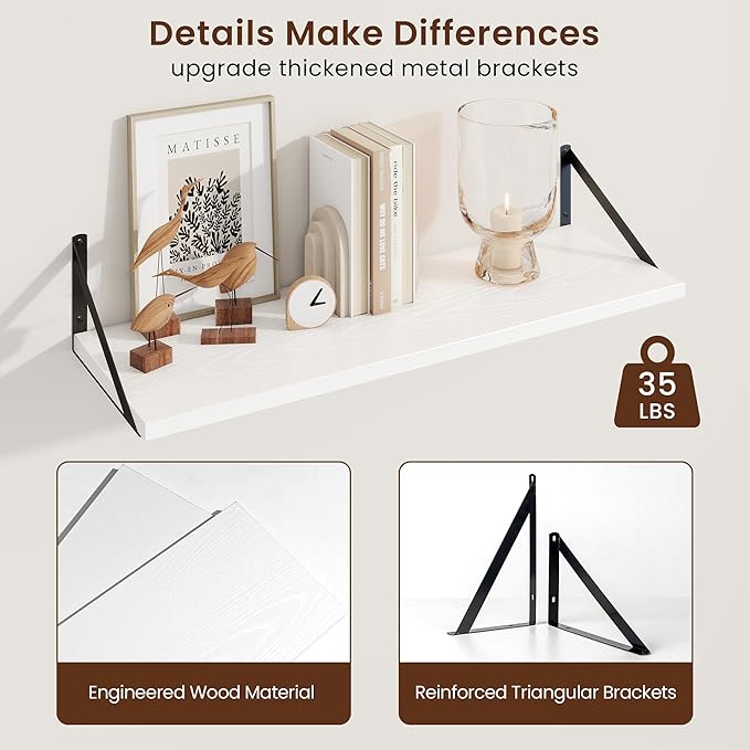 Axeman 30 Inch Floating Shelves | 10 Inch Deep White Wall Shelves Set of 2 | 30