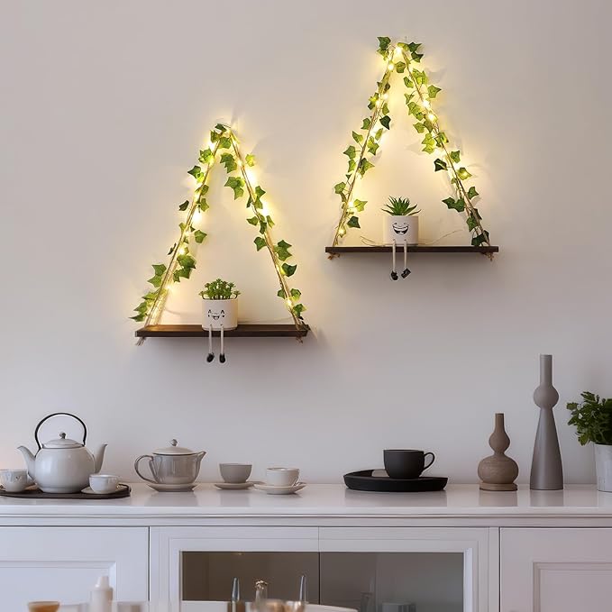 Floating Shelves for Wall, Hanging Shelves with Artificial Ivy LED String Light, No Drilling Hanging Shelf, Wood Hanging Plant Shelves for Wall Décor, Boho Decor, Art Bedroom, Set of 2
