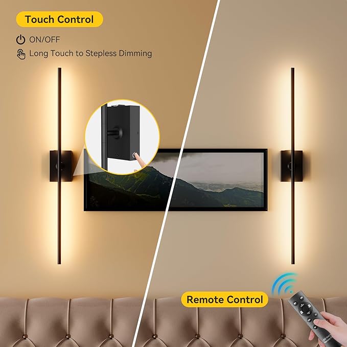Ouyulong Battery Operated Wall Sconces Set of 2, 10000mAh Wireless Rechargeable 3000-6000K Dimmable 350° Rotate Wall Light with Remote for Living Room, Bedroom 27.6in Black