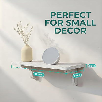Willowy Real Wood Rustic White Farmhouse Wall Shelves - 17 inch (3 Pack) - Easy to Install, Template and Video Included - White Washed Floating Shelves, Antique Floating Shelves