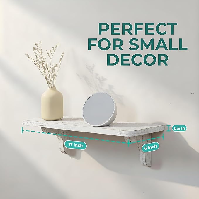 Willowy Real Wood Rustic White Farmhouse Wall Shelves - 17 inch (3 Pack) - Easy to Install, Template and Video Included - White Washed Floating Shelves, Antique Floating Shelves