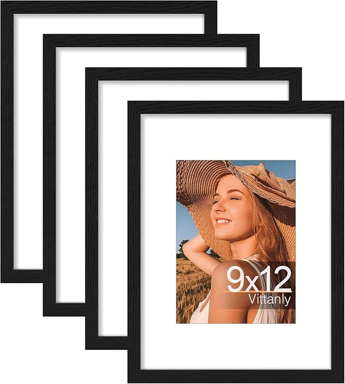 Vittanly 9x12 Picture Frames Set of 4, Display Pictures 6x8 with Mat or 9x12 without Mat, Gallery Wall Frame Set for Wall Mounting, Engineered Wood with Shatter Resistant Plexiglass, Black