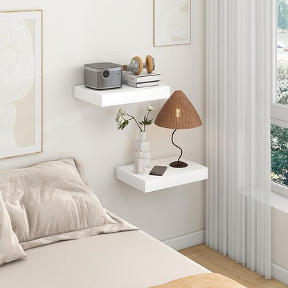 12 Inch Deep Floating Shelves | 16 Inch White Floating Shelves Set of 2 | Rustic White Deep Shelves for Wall | White Wall Shelves for Living Room Bathroom Kicthen Bedroom