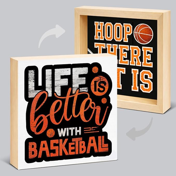 Basketball Home Decor - Gift for Basketball Lover - Double-sided Wood Box Sign for Home Kitchen Farmhouse Office Tiered Tray Desk Shelf Decor