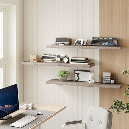 Floating Shelves for Wall, 1.5" Thick Wall Shelf Set of 3 with Invisible Brackets, L47.2 x W7.9 Hanging Book Shelves Farmhouse Home Decor for Bathroom, Living Room, Bedroom, Greige 12301BJP3BG