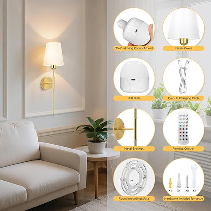 24 inch Battery Operated Wall Sconces Set of 2, Wireless Wall Lights with Rechargeable Bulbs & Remote, 15 Colors & Dimmable, Battery Powered Wall Lights for Bedroom, Living Room, Hallway